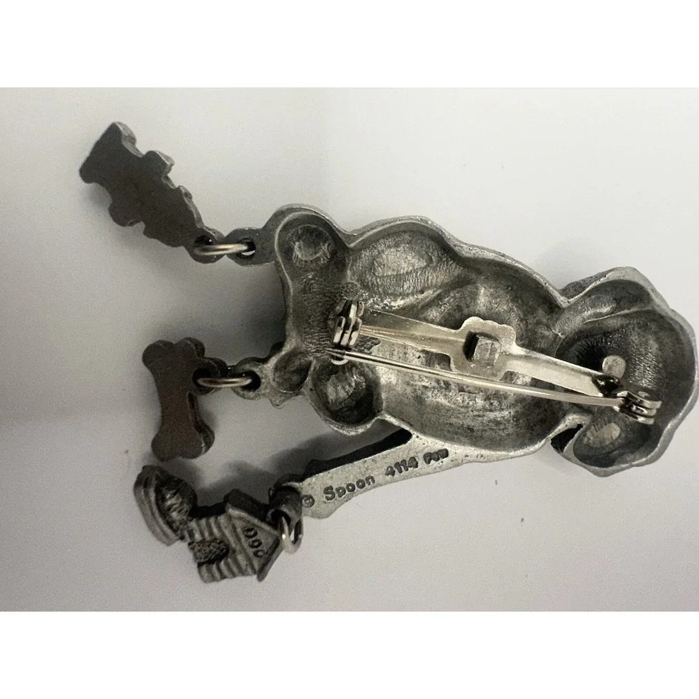 VINTAGE Pewter DOG BROOCH PIN Dangle CHARMS Doghouse Bone PUPPY Signed Spoon